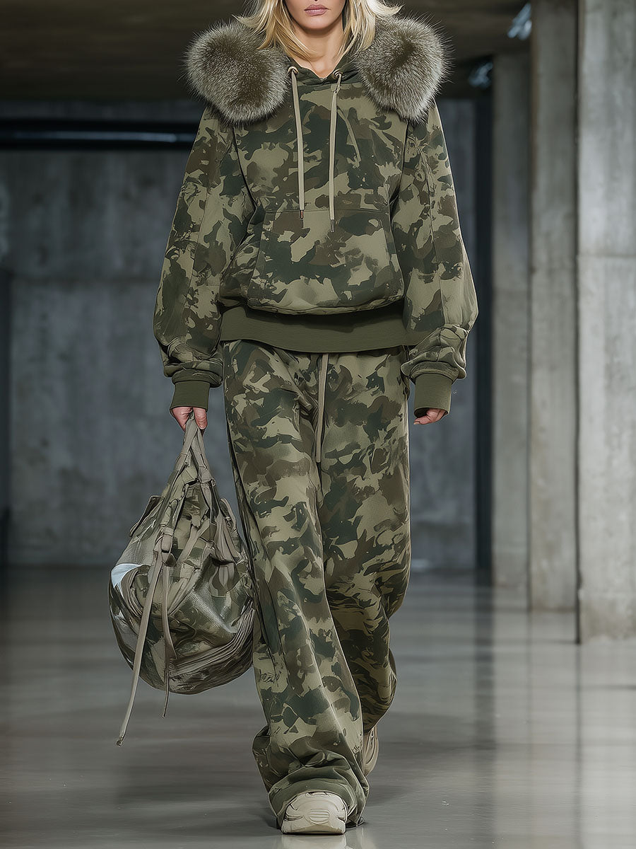 Casual and Fashionable Camouflage Print Faux Fur Collar Sweatshirt and Wide-Leg Pants Suit