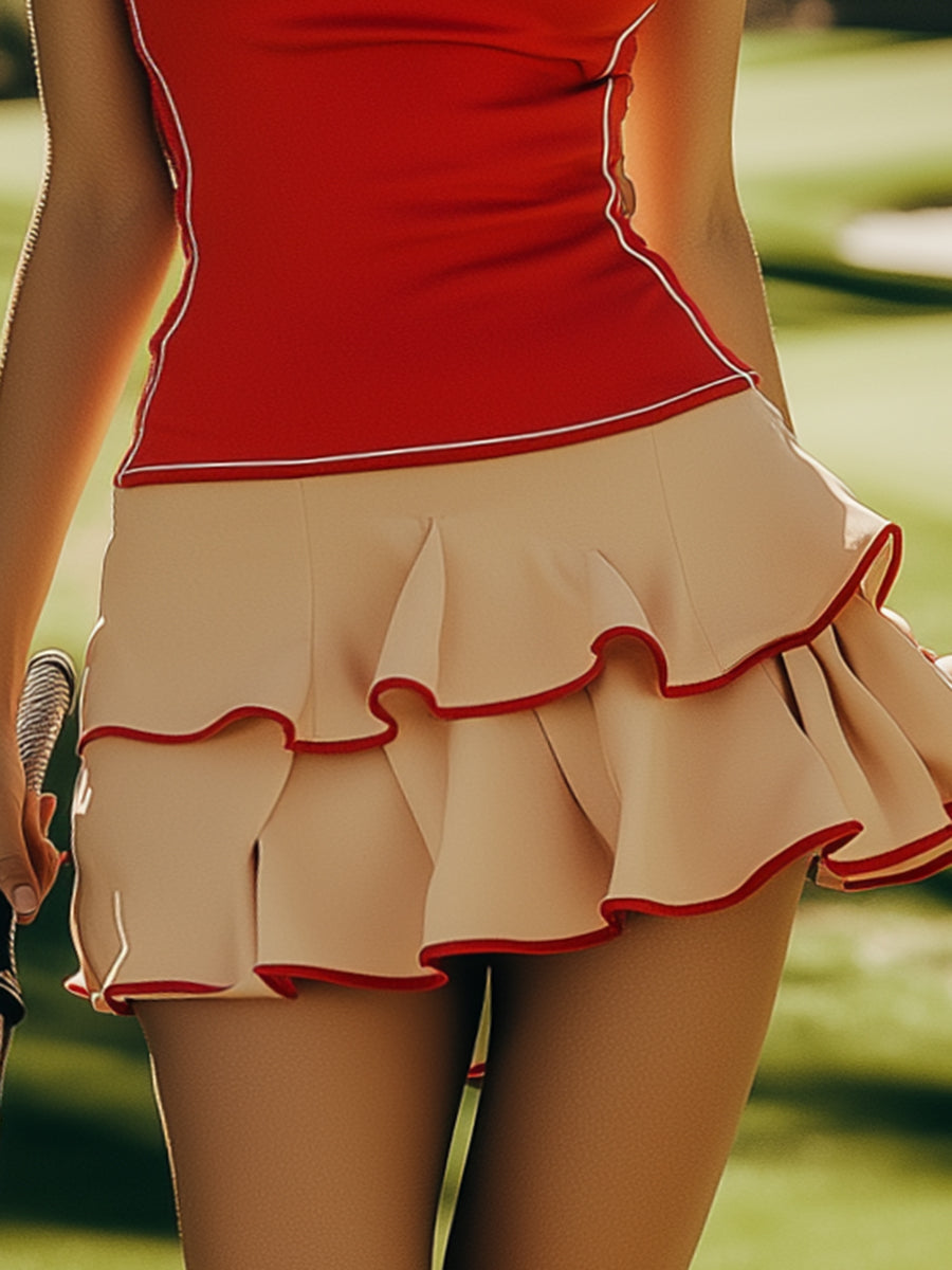 Romantic Ruffle Panel Sleeveless Red Golf Mini Dress