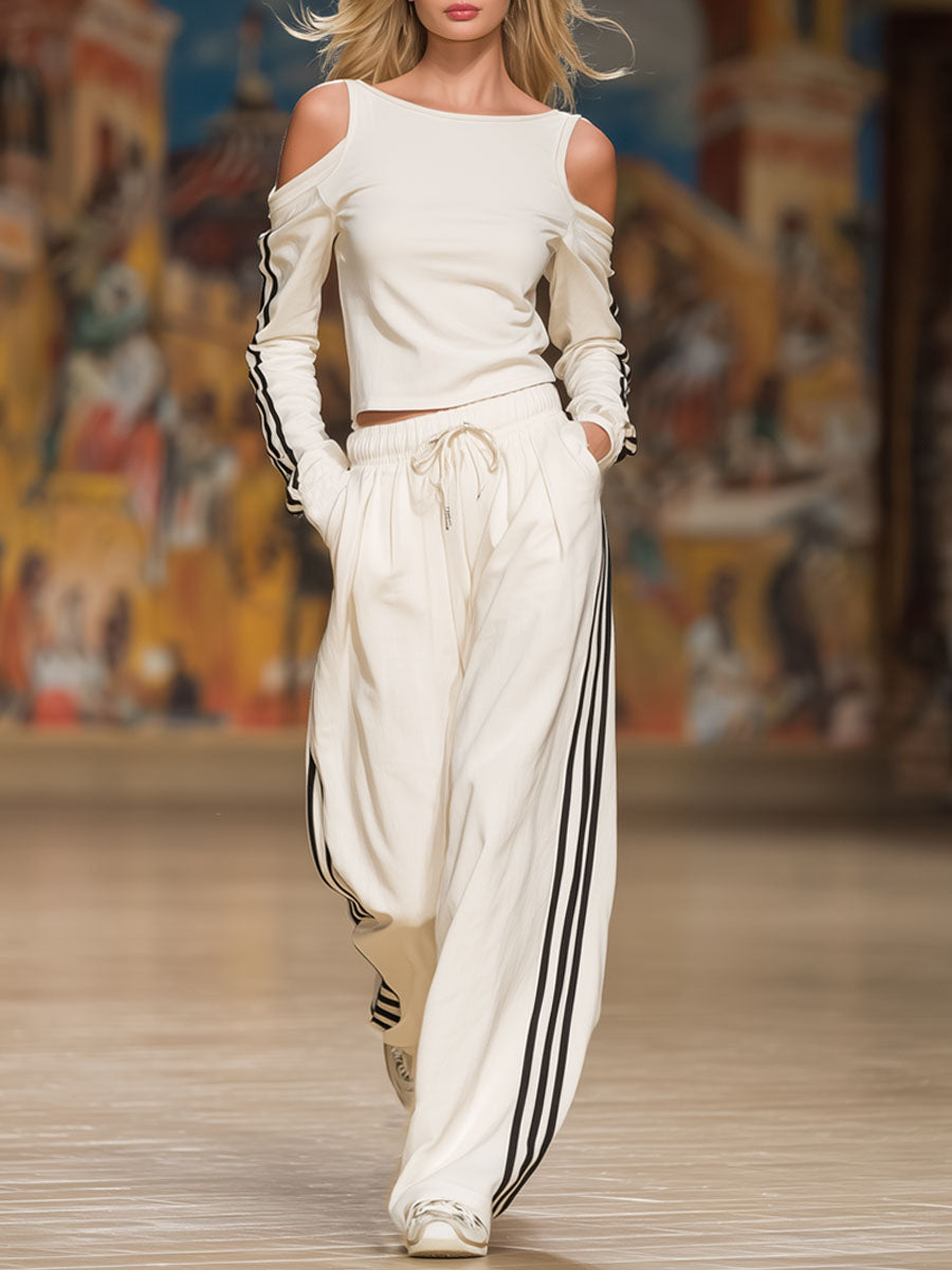 Sporty Off-the-shoulder Long-sleeved Top and Trousers Set