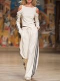 Sporty Off-the-shoulder Long-sleeved Top and Trousers Set