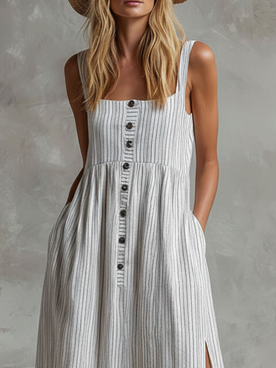 Retro Boho Square Neck Cotton Linen Striped Sleeveless Maxi Dress
