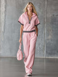 Elegant Fashion Sporty Hooded Front Zipper Short-sleeved Pink Cotton Top And Trousers Set