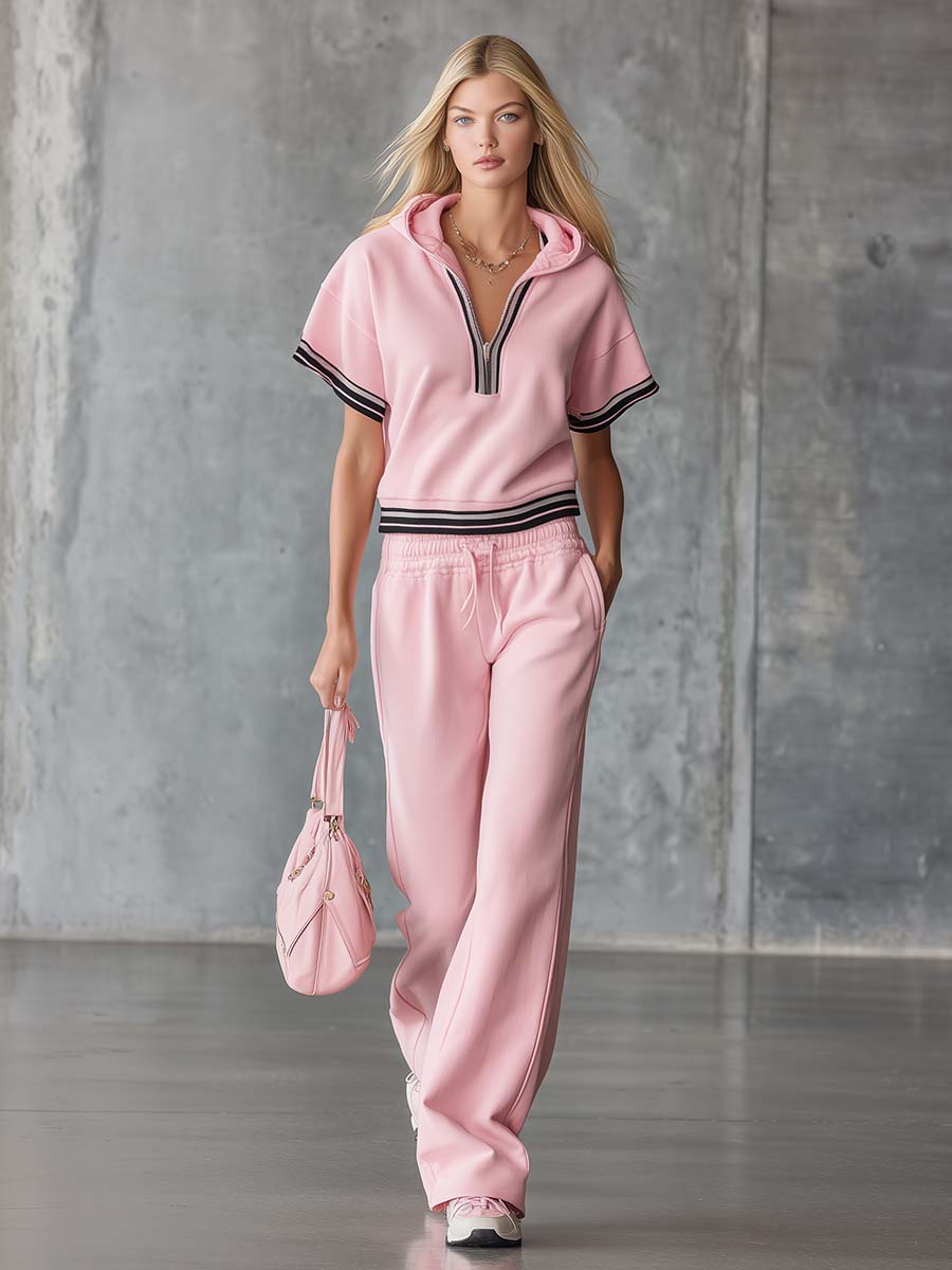 Elegant Fashion Sporty Hooded Front Zipper Short-sleeved Pink Cotton Top And Trousers Set