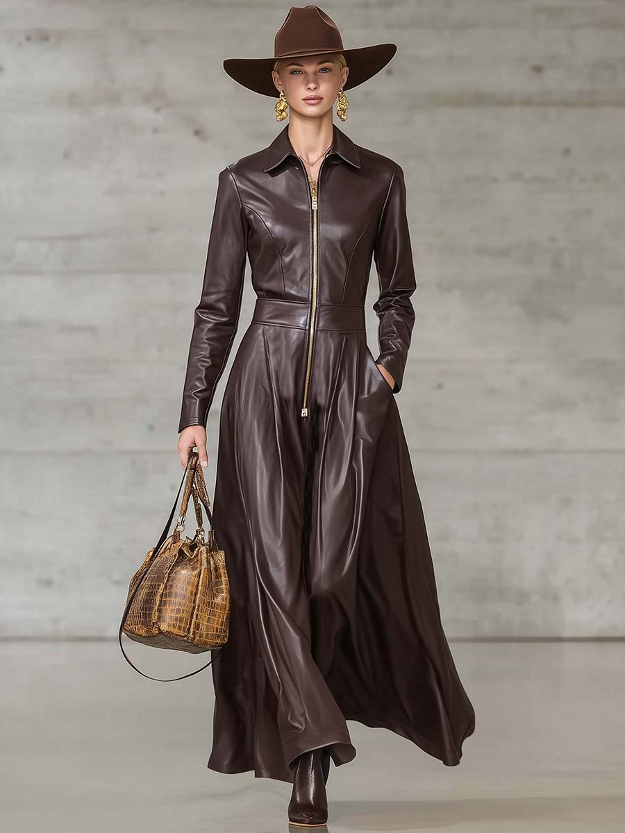 Exquisite Temperament Front Zipper Long Sleeve High-Quality Brown Leather Maxi Dress