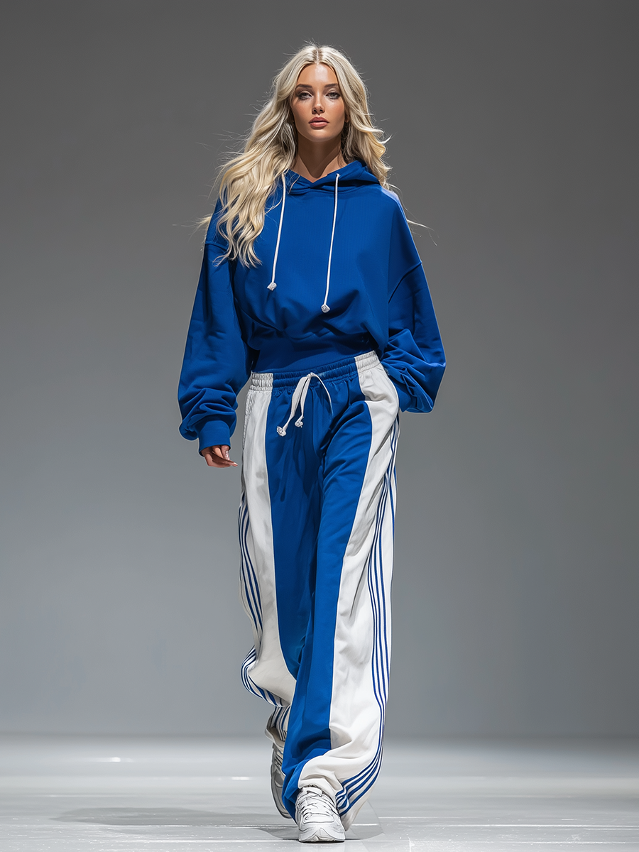 Retro Sporty Hoodie And Striped Wide-leg Trousers Set