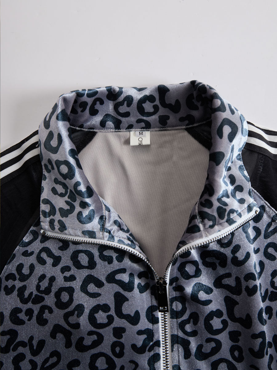 Sporty Retro Striped Mesh Sleeve Grey Leopard Print Velvet Sweatshirt And Pants Set