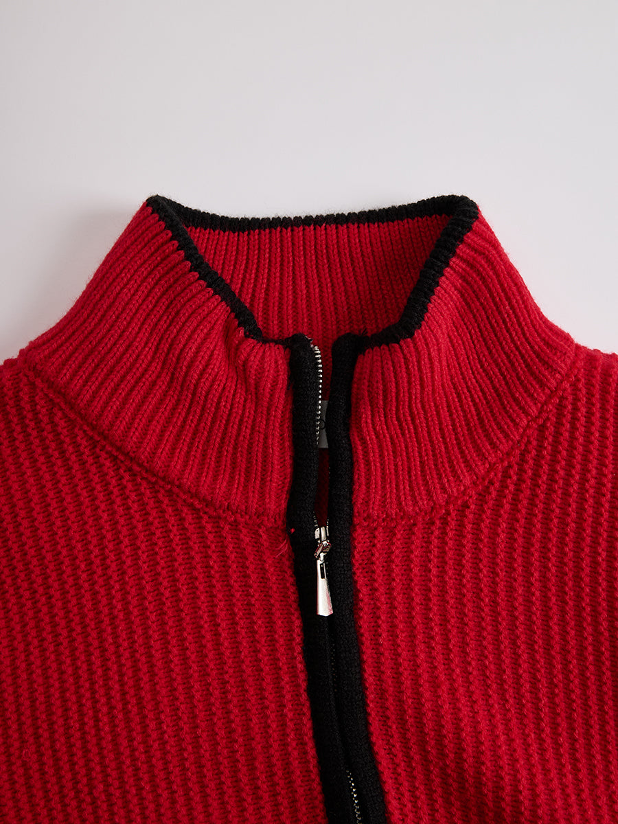 Retro Sports Style Contrast Colour Knit Top And Trousers Set