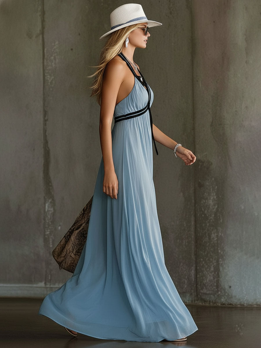 Chiffon Colour-blocked Strapless Sleeveless Maxi Dress