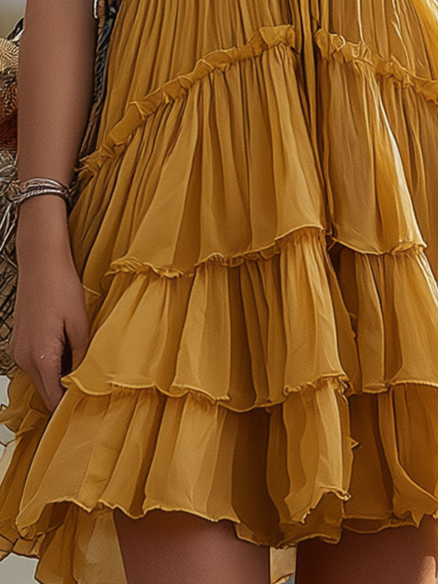 Western Retro Yellow V-neck Ruffled Backless Chiffon Mini Dress