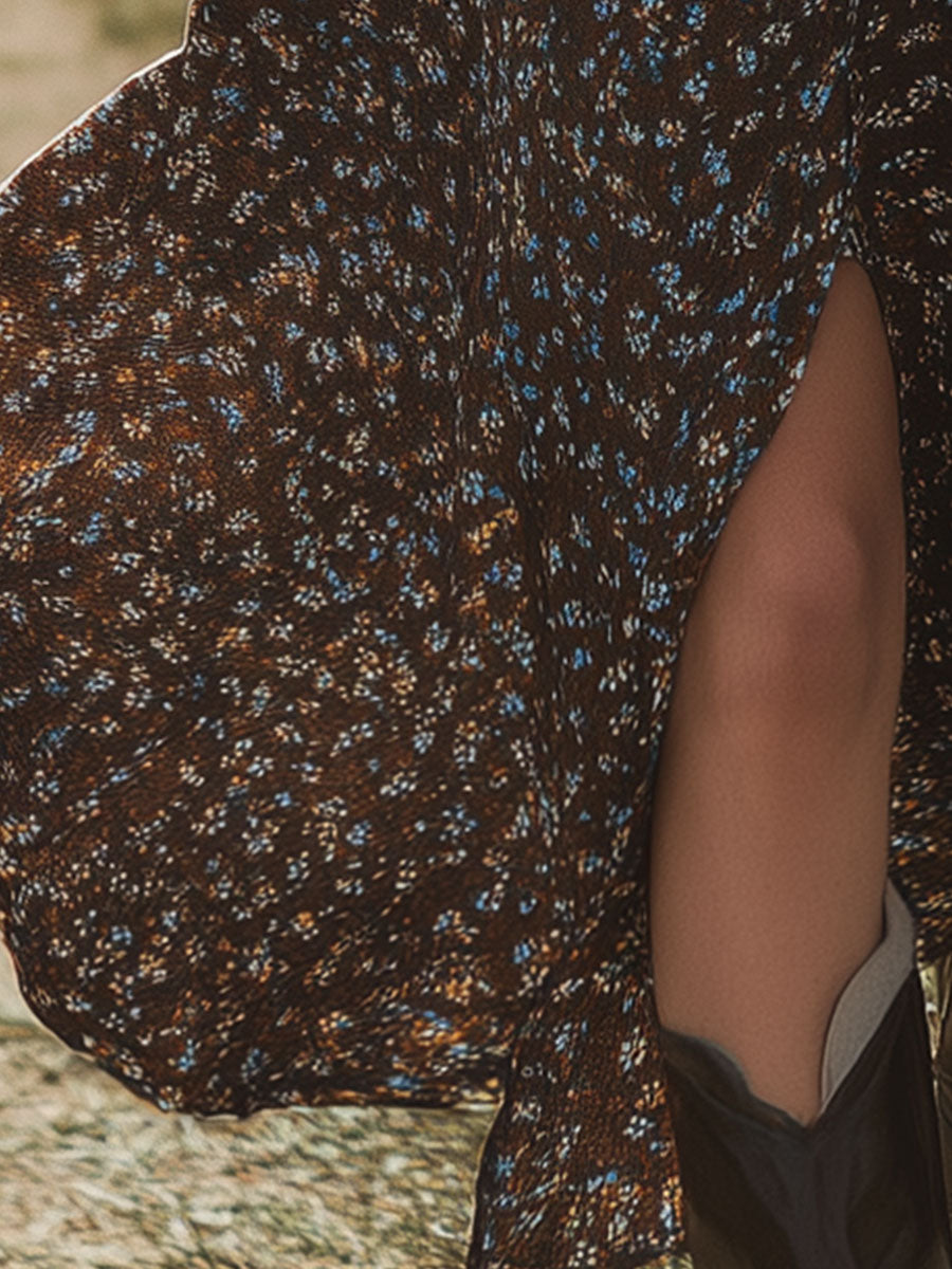 Western Retro Print Brown Short-sleeved Square Neck Slit Chiffon Midi Dress