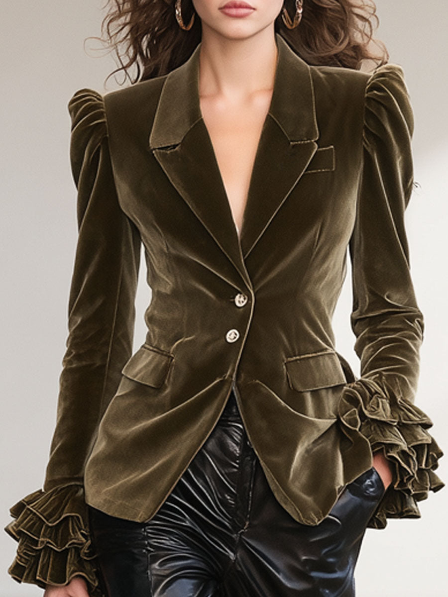 Solid Colour Lapel Ruffled Single-breasted Velvet Blazer