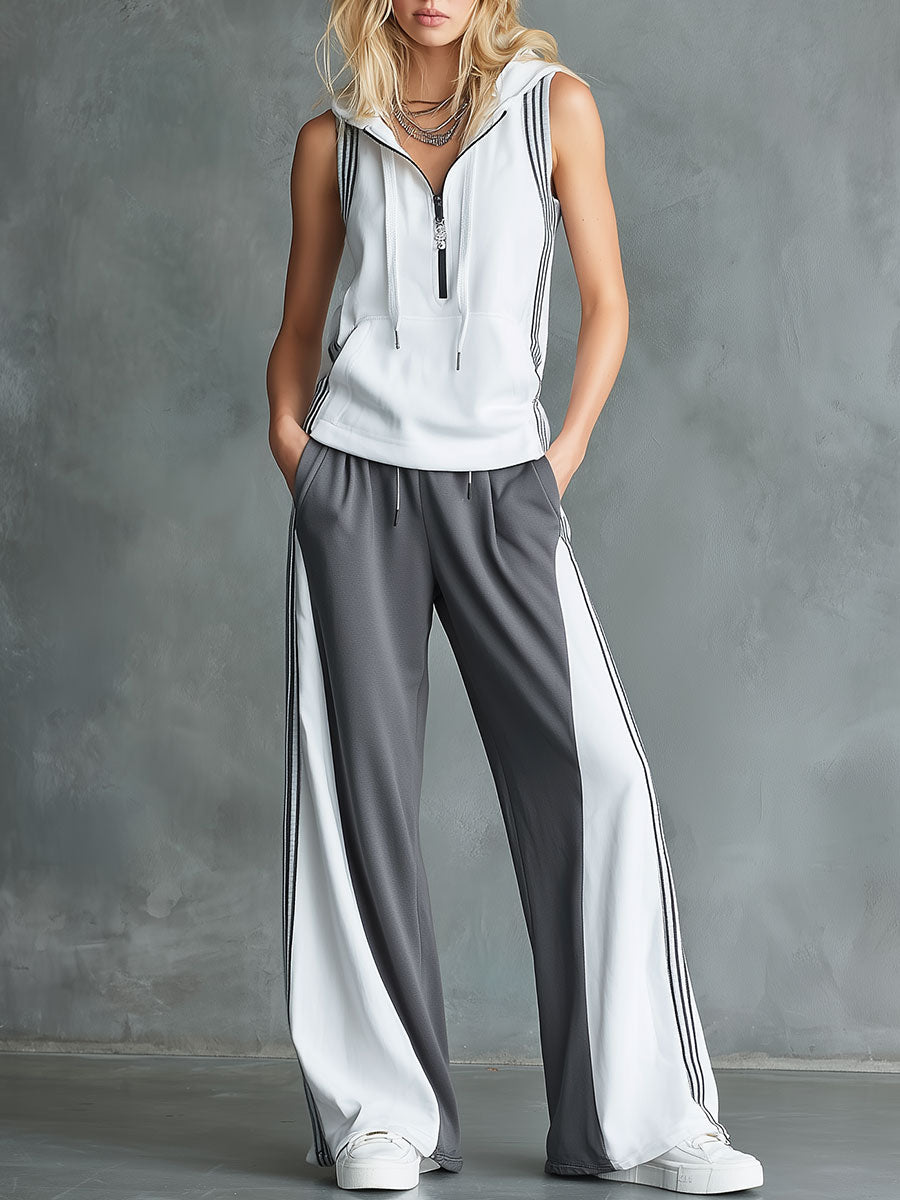 Casual Sporty Colour-Block Hooded Sleeveless Top and Wide-Leg Trousers Set