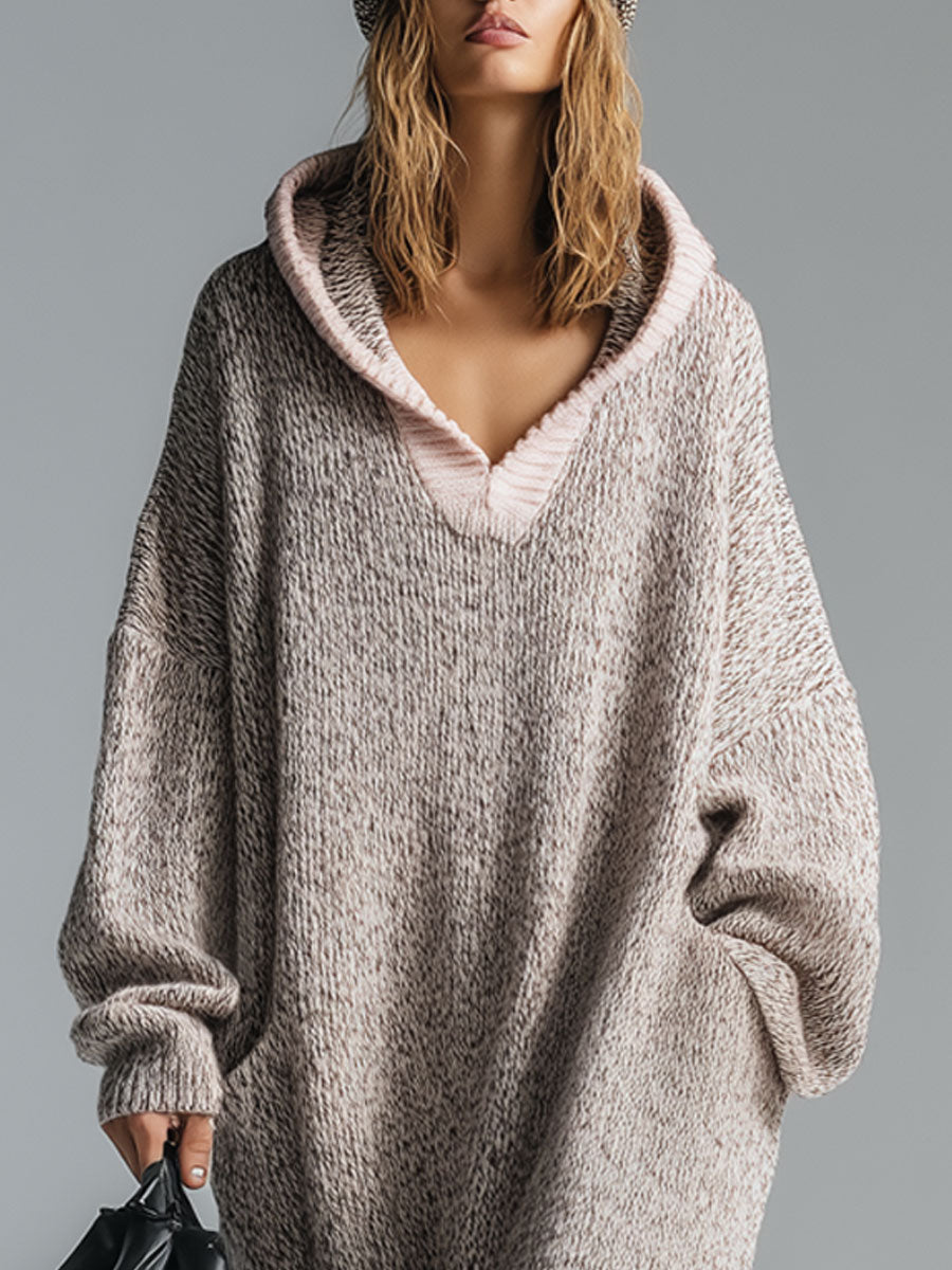 Fashion Loose Retro Trimmed Floral Grey Hooded Knitted Midi Dress