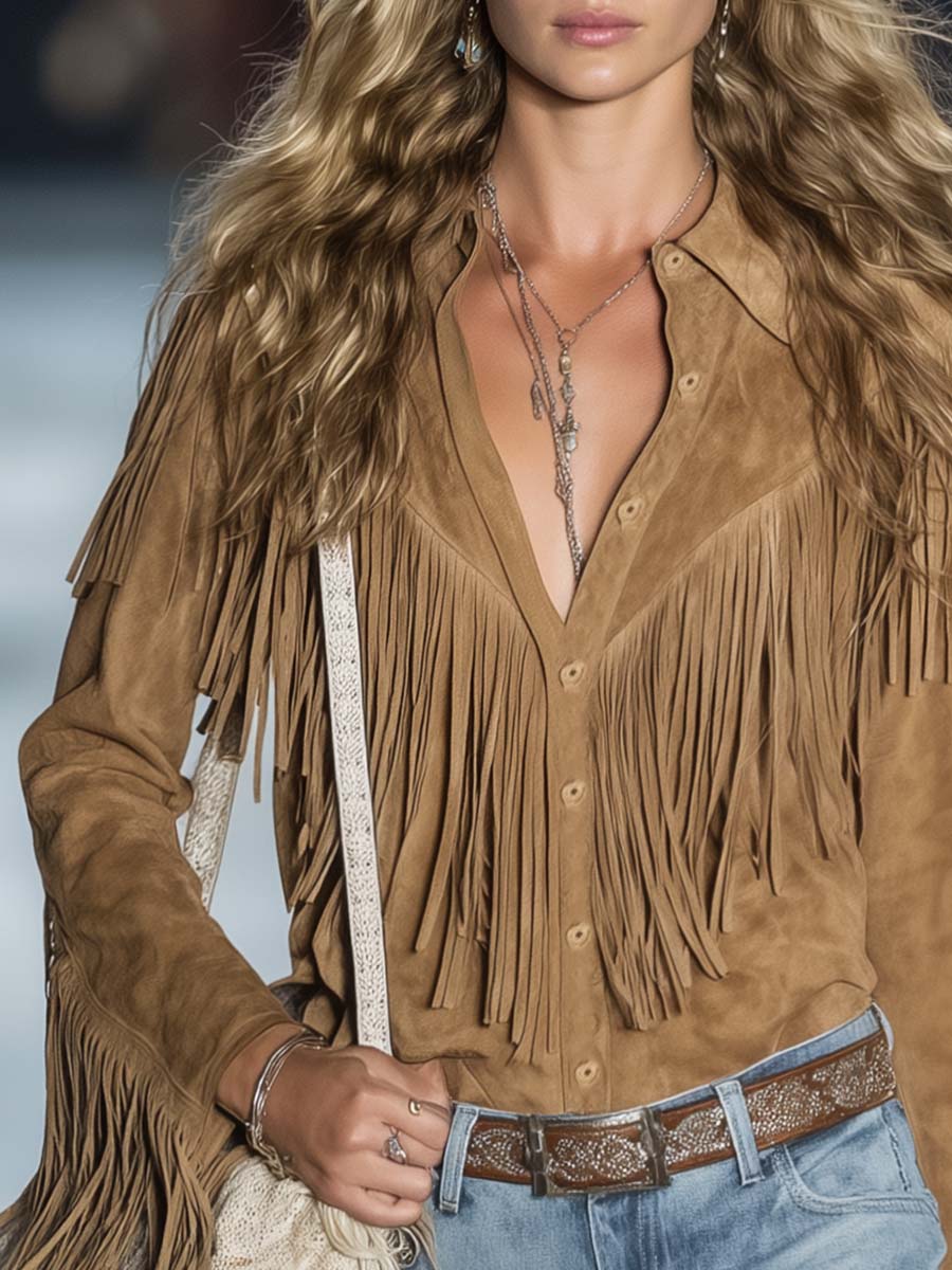 Casual Vintage Western Button Front Tassel Long Sleeve Light Brown Faux Suede Shirt Top