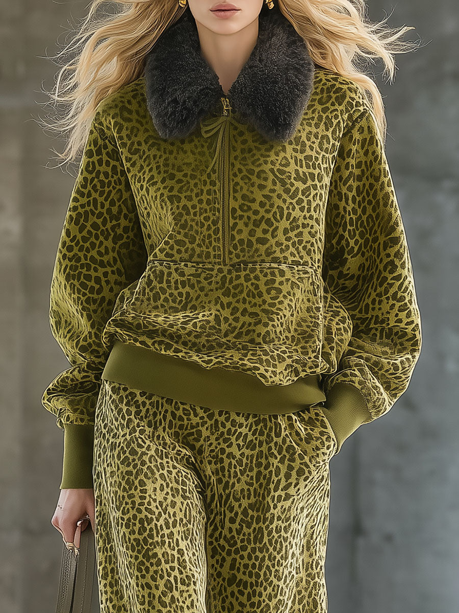 High-end Fashionable Leopard Print Velvet Faux Fur Collar Sweatshirt Wide-leg Trousers Suit