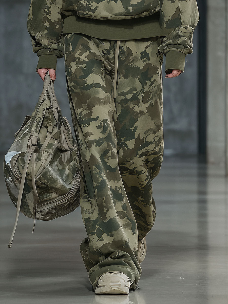 Casual and Fashionable Camouflage Print Faux Fur Collar Sweatshirt and Wide-Leg Pants Suit