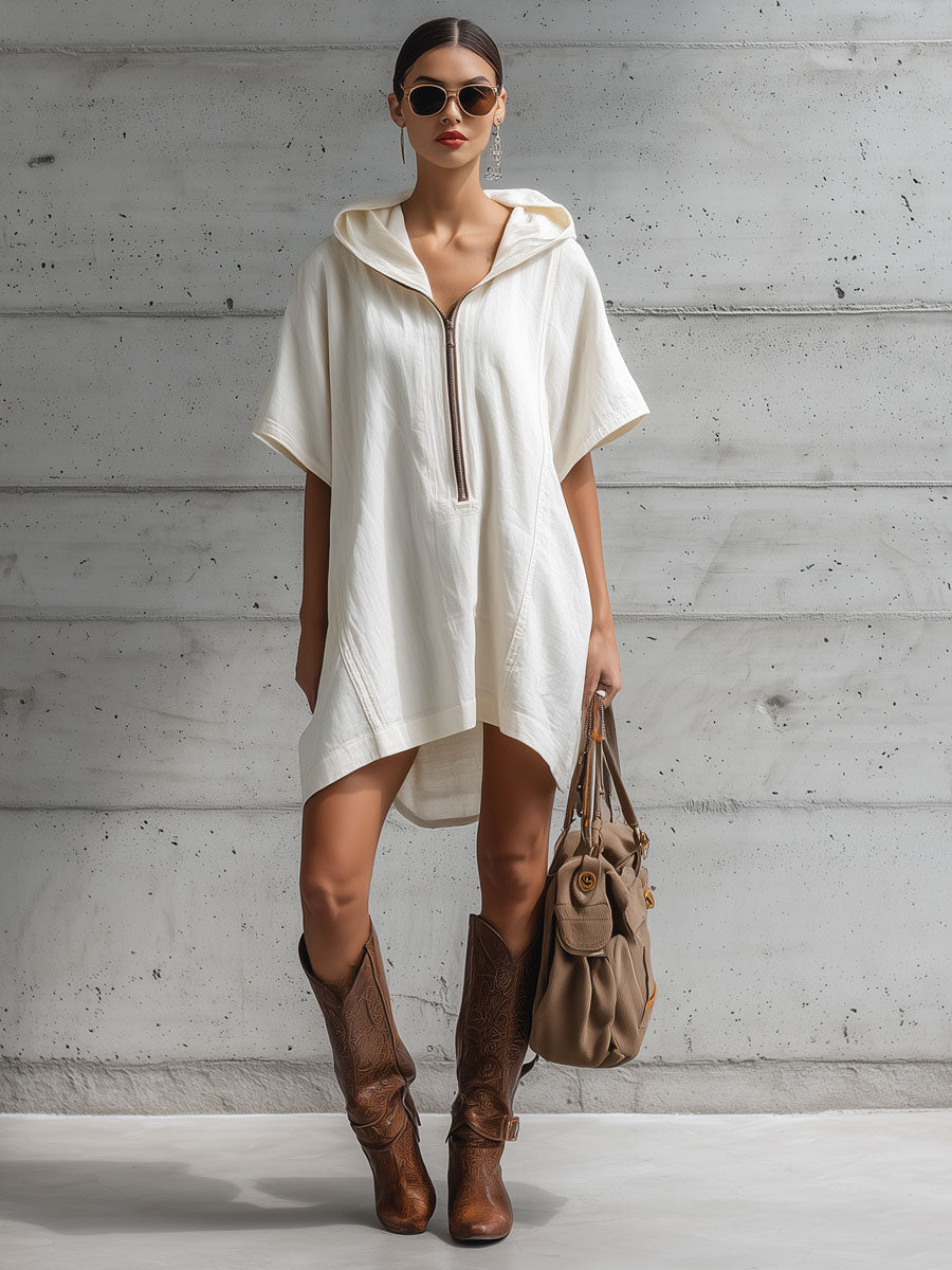 Casual Retro White Cotton Linen Short-sleeved Hooded Mini Dress