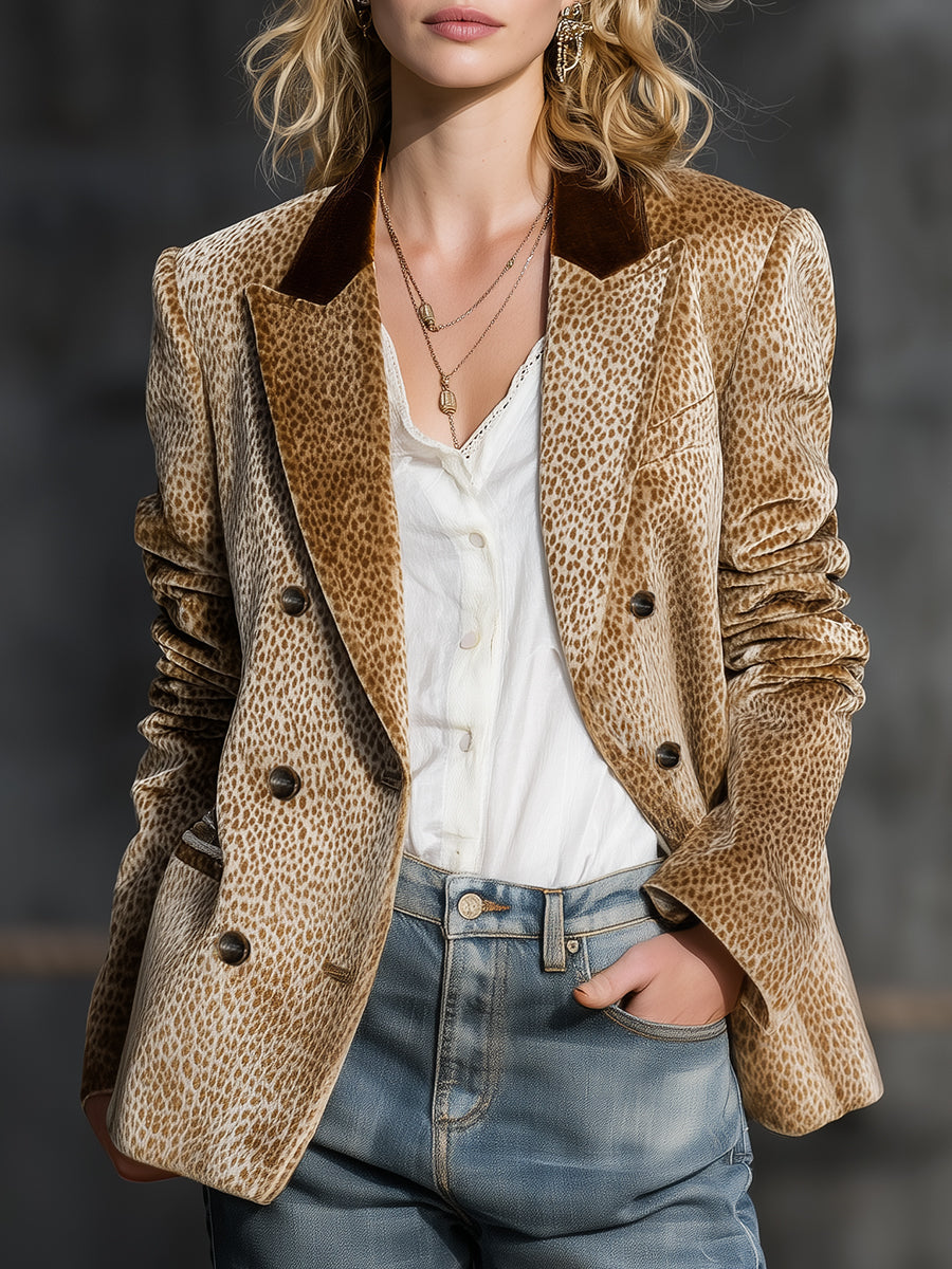 Retro and Fashionable Leopard Print Colour-block Collar Velvet Blazer