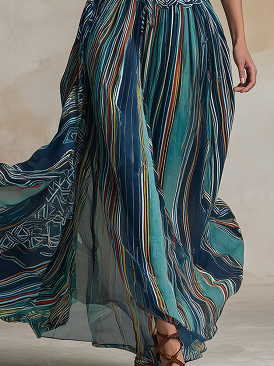 Retro Ethnic-Style Teal Abstract-Print Chiffon Sleeveless Maxi Dress
