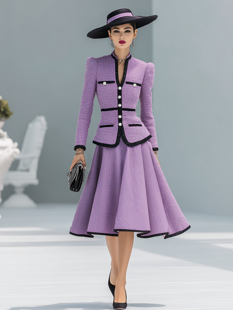 Elegant Contrasting Colour Tweed Two-piece Set