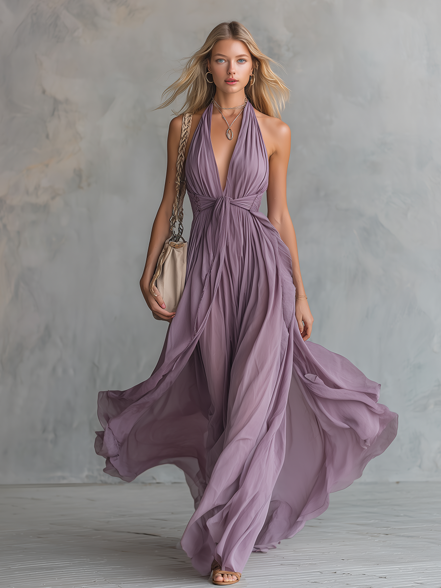 Elegant and Stylish Halter Neck V-neck Sleeveless Chiffon Maxi Dress