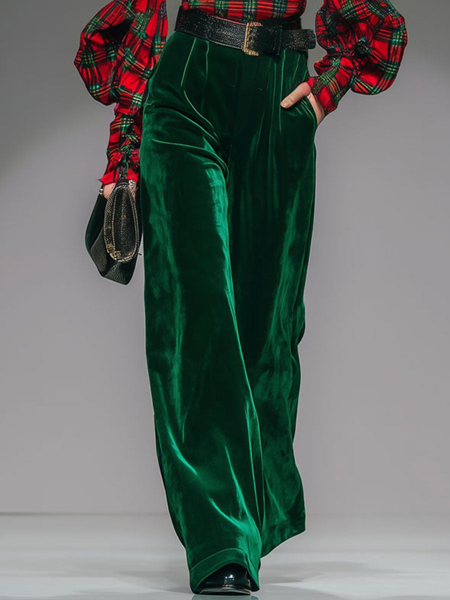 Trendy Retro Plaid Velvet Turtleneck Long-sleeved T-shirt and Wide-leg Trousers Set