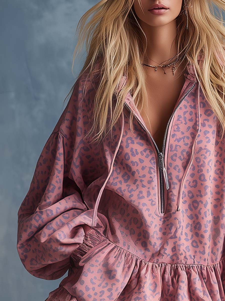 Elegant Western Hooded Front Zipper Ruffled Hem Pink Leopard Print Faux Suede Mini Dress