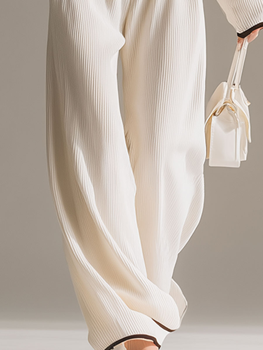 Elegant Colour-blocked White Halter-neck Long-sleeved Knit Top and Trousers Set