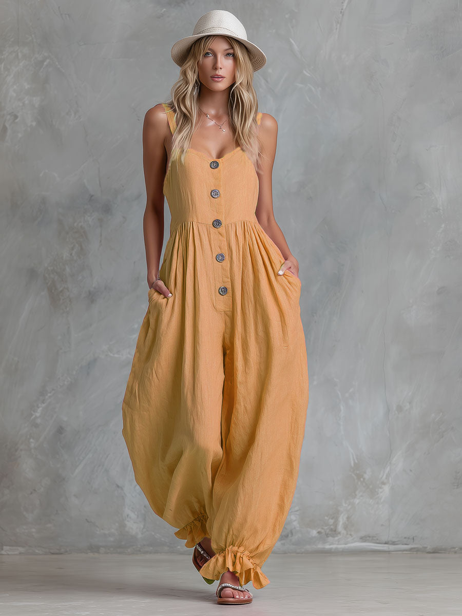 Loose-fitting Single-breasted Cotton-linen Sleeveless Jumpsuit