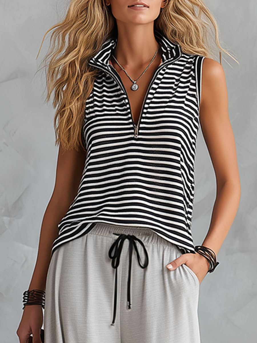 Sporty Retro Black And White Striped Half-Zip Sleeveless T-Shirt And Wide-Leg Trousers Set
