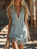 【24-hour shipping out】Casual Sophisticated Western Silver V-neck Ribbon Tassel Light Blue Denim Mini Dress