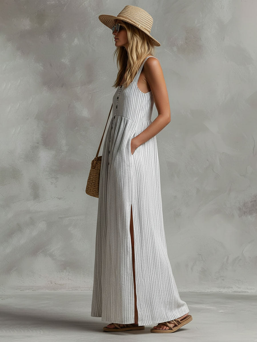 Retro Boho Square Neck Cotton Linen Striped Sleeveless Maxi Dress