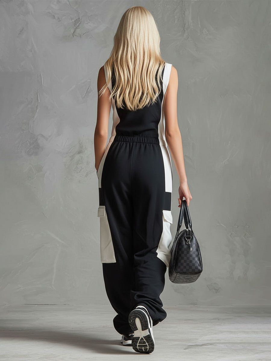 Casual Retro Sporty Black And White Colour-blocked V-neck Half-zip Jumpsuit