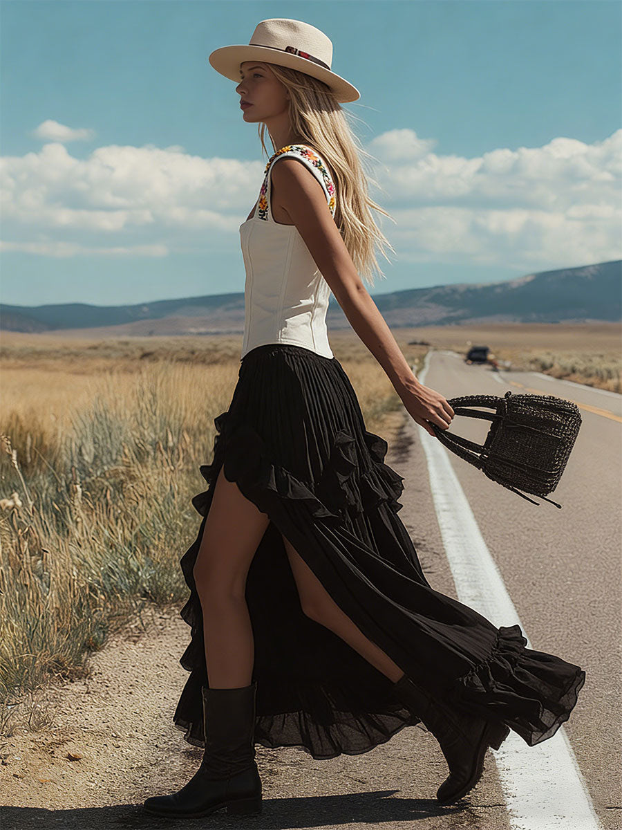 Western-style Retro Embroidered White Faux Suede Top and Black Slit Chiffon Skirt Set