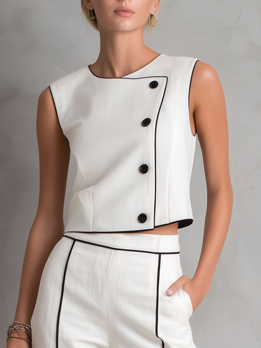 Stylish and Casual White Cotton Top with Black Trim and Split-leg Wide-leg Pants Set