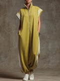 Casual Sports White Webbing Yellow-Green Sleeveless Jumpsuit