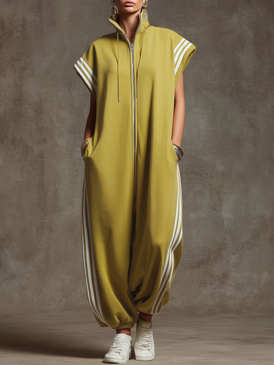 Casual Sports White Webbing Yellow-Green Sleeveless Jumpsuit