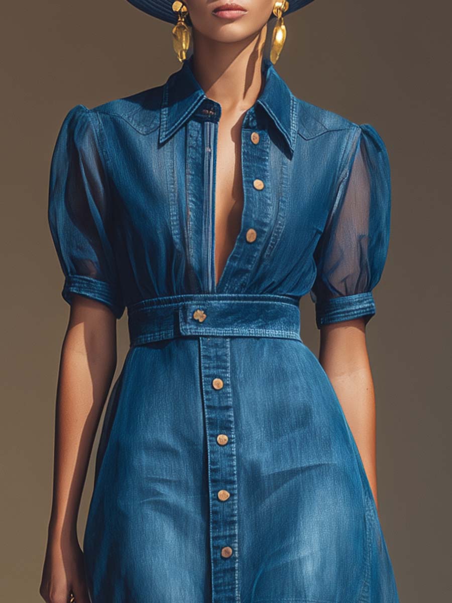 Exquisite Fashionable Front Button V-neck Short-sleeved Organza Overlay Blue Denim Maxi Dress
