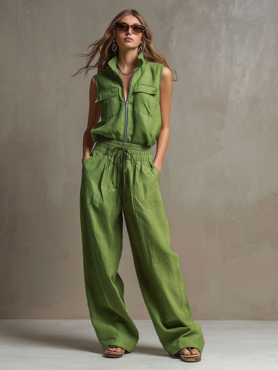 Casual Retro Green Cotton Linen Sleeveless Zip-up Shirt and Wide-leg Trousers Set