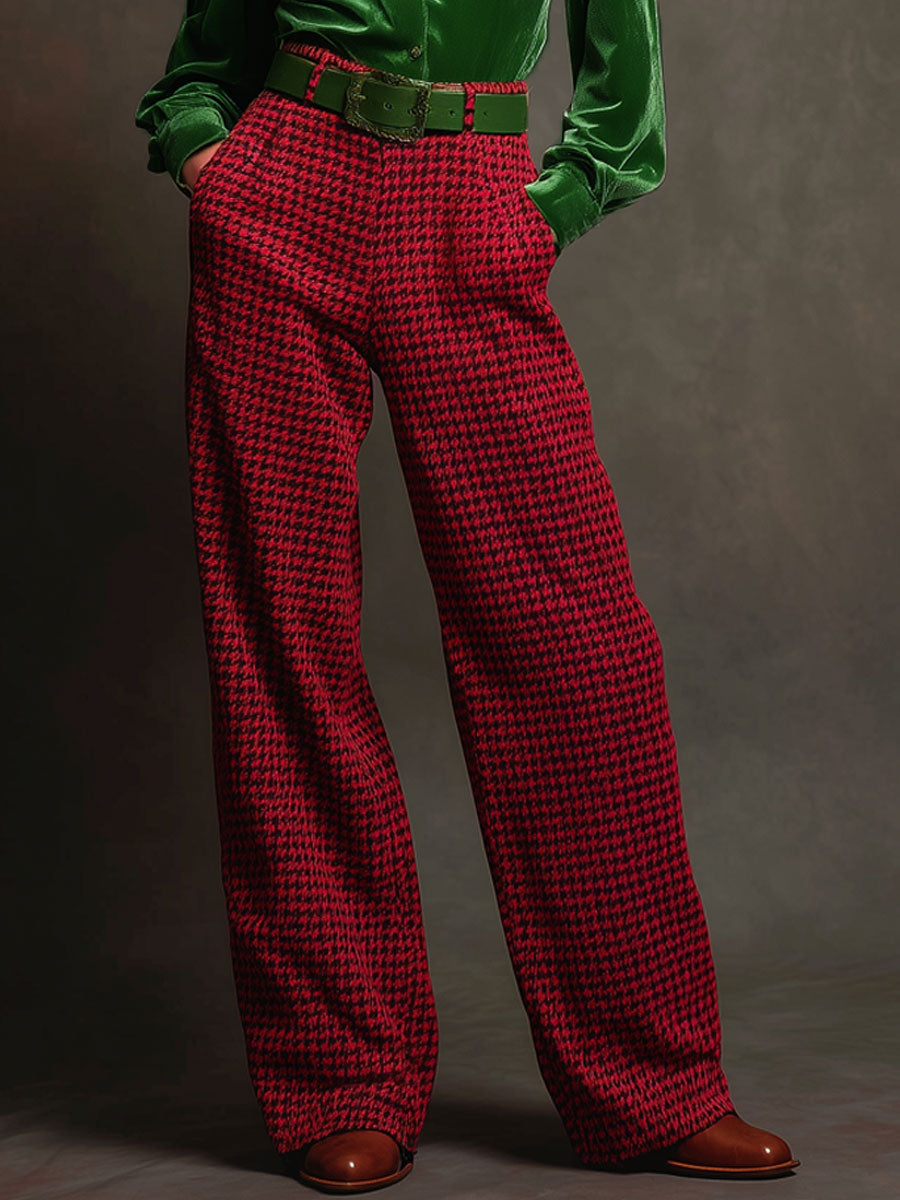 Retro Green Velvet Pleated Long-sleeved Shirt and Houndstooth Wide-leg Trousers Set