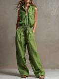 Casual Retro Green Cotton Linen Sleeveless Zip-up Shirt and Wide-leg Trousers Set