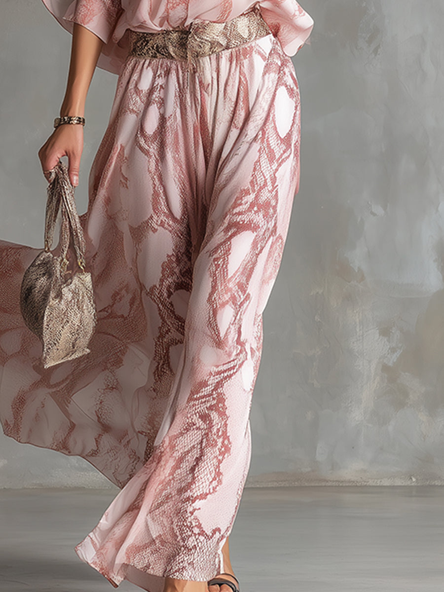 Retro Urban Style Pink Snake Print One-Shoulder T-Shirt and Wide-Leg Trousers Set