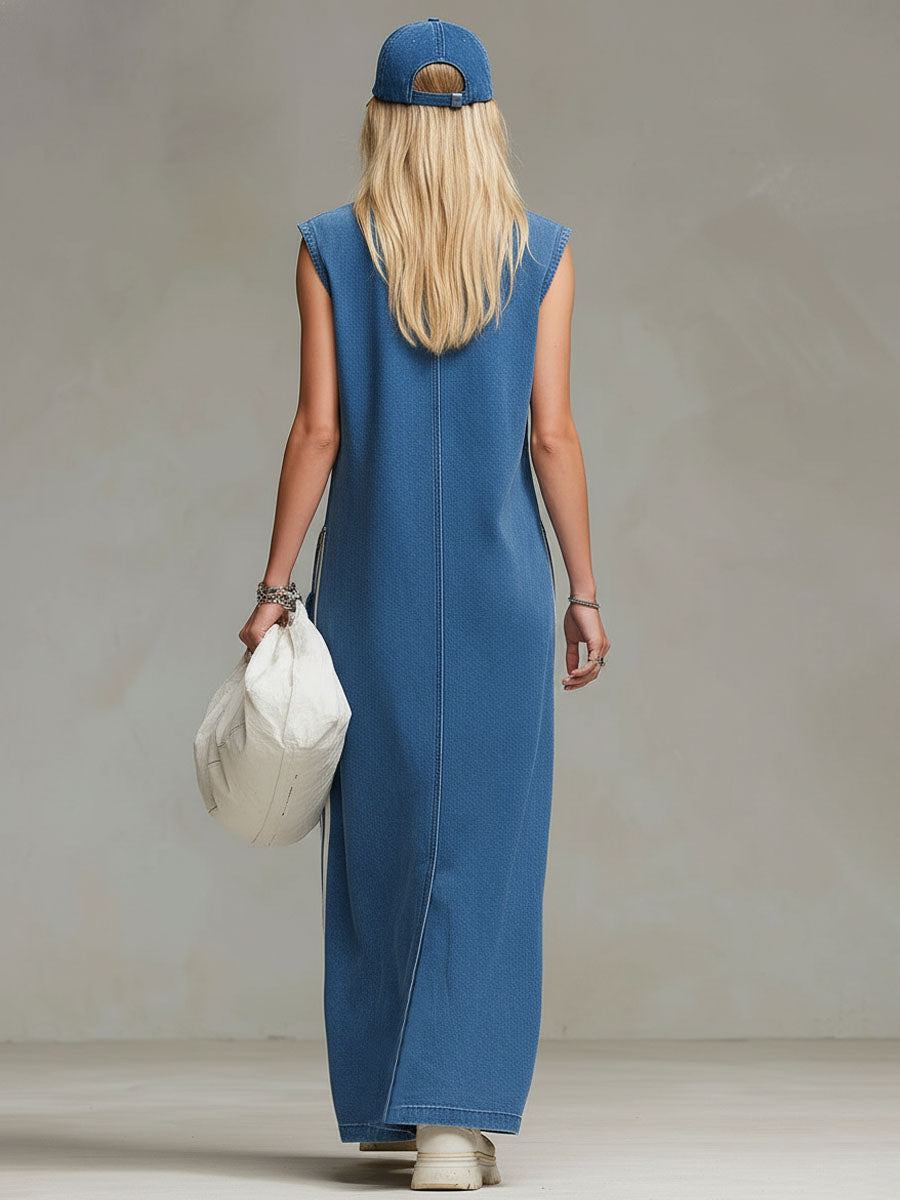 Stand-Collar Zip-Up Sleeveless Denim Maxi Dress