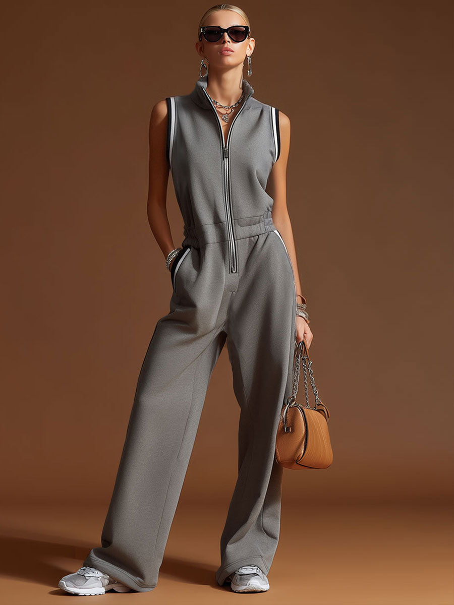Casual Sporty Retro Dark Grey Cotton Blend Zipper Sleeveless Jumpsuit