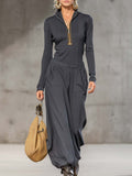Casual Retro Sports Dark Grey Half-High Collar Front Zipper Long-Sleeved Top and Wide Trousers Set