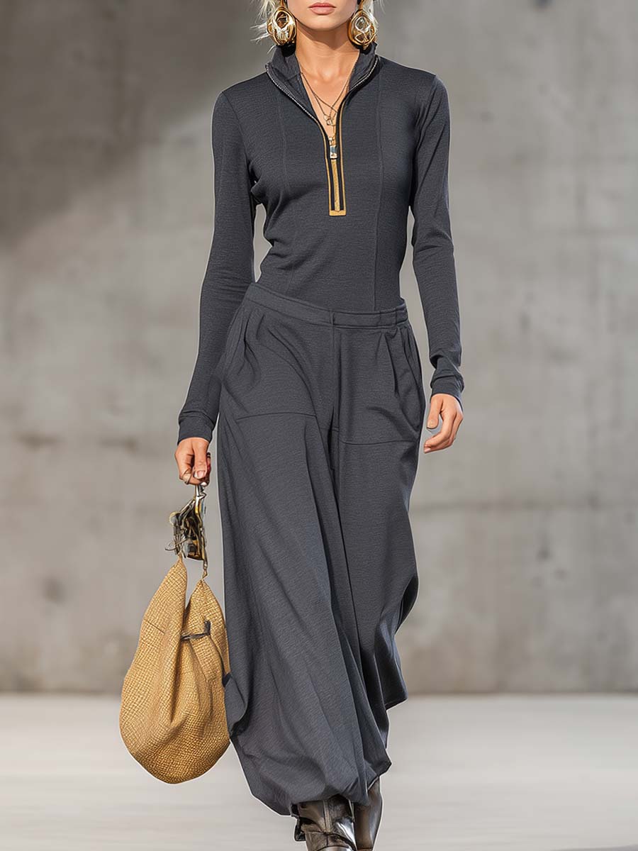 Casual Retro Sports Dark Grey Half-High Collar Front Zipper Long-Sleeved Top and Wide Trousers Set