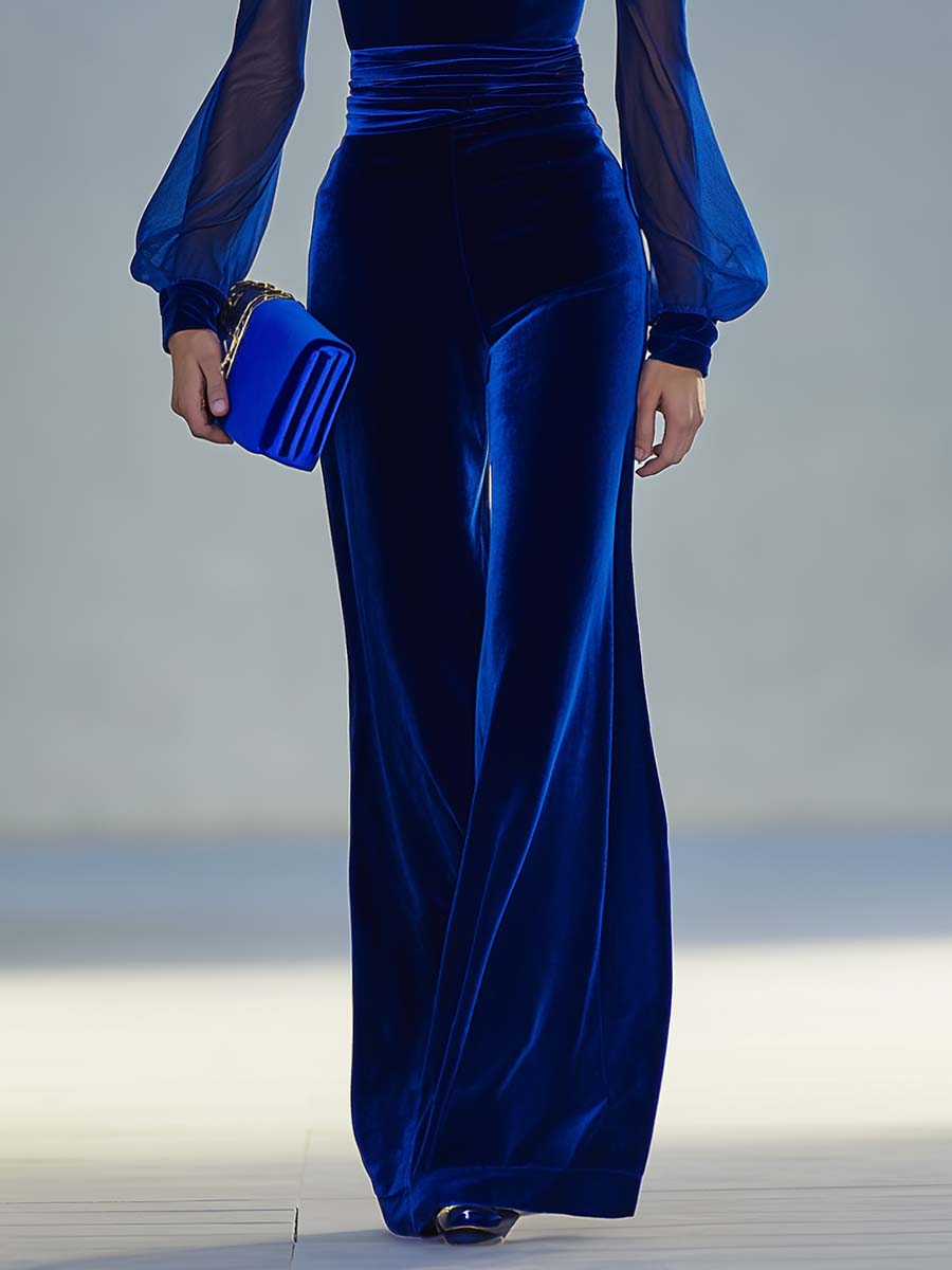 Vintage Elegant and Exquisite V-neck Mesh Long-sleeved Royal Blue Velvet Jumpsuit
