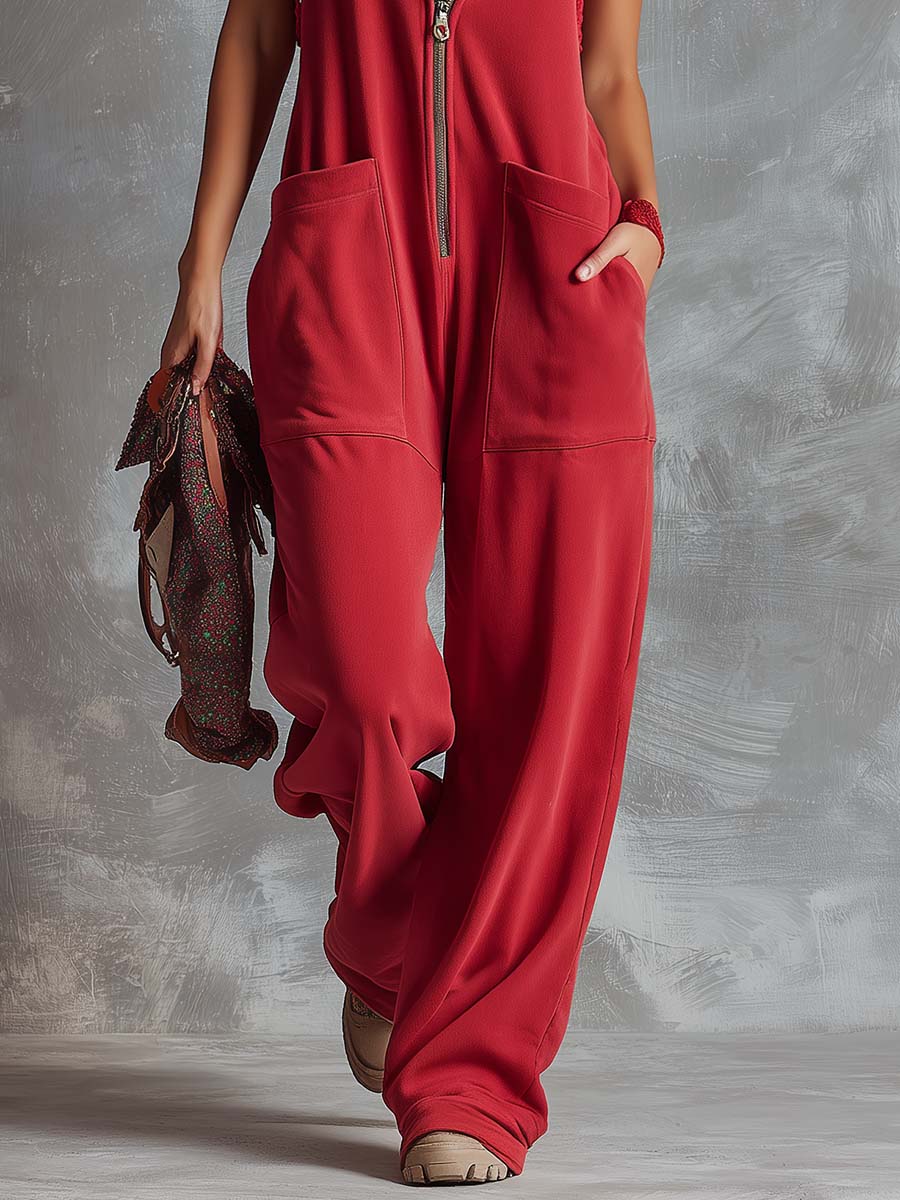 Retro Fashion Sporty Hooded V-neck Front Zipper Raspberry Red Cotton Jumpsuit