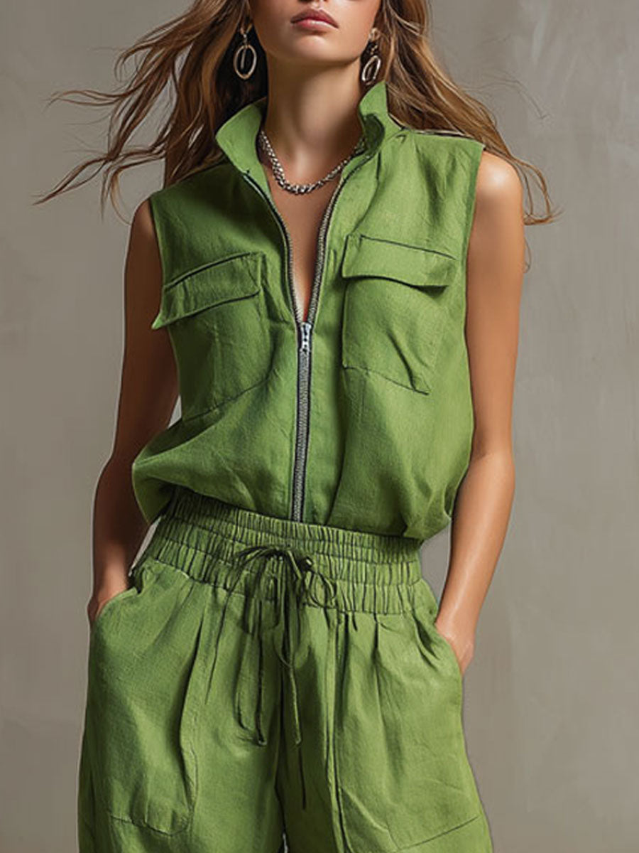 Casual Retro Green Cotton Linen Sleeveless Zip-up Shirt and Wide-leg Trousers Set