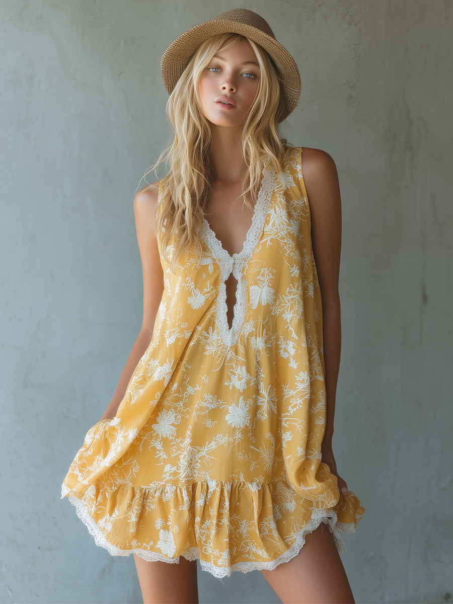 Yellow Chiffon Printed Lace-trimmed V-neck Sleeveless Mini Dress